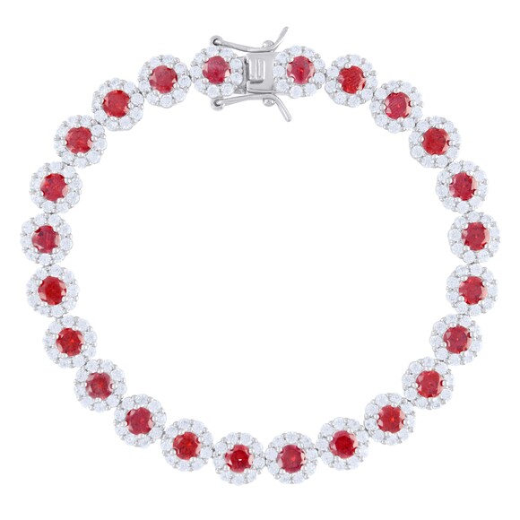 925 Sterling Silver Womens Red White Cubic-Zirconia Flower Link Bracelet